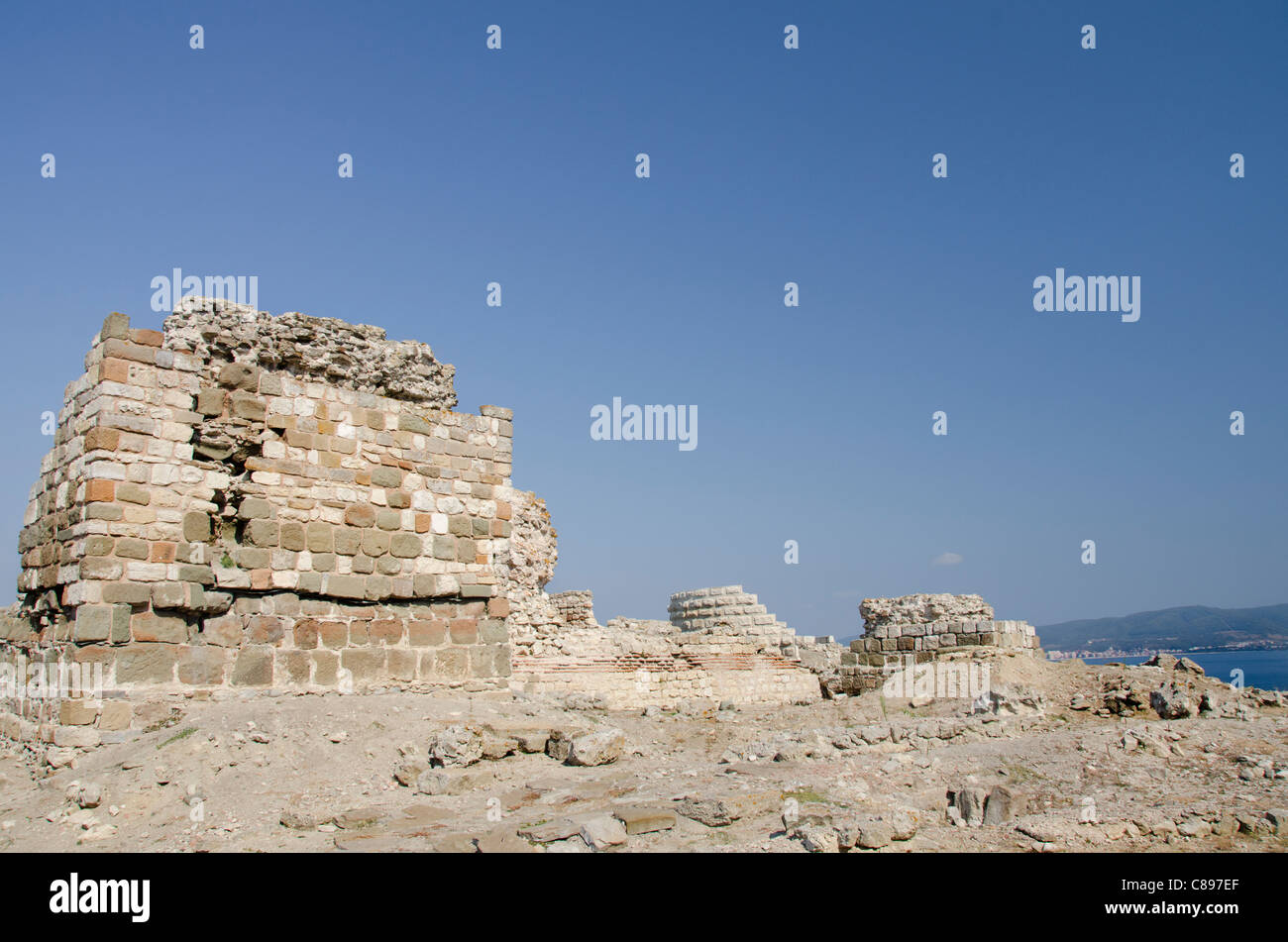 Bulgaria, Nessebur (aka Nessebar or Nesebar). Waterfront Greek Rampart ruins of the old city wall. UNESCO World Heritage City. Stock Photo