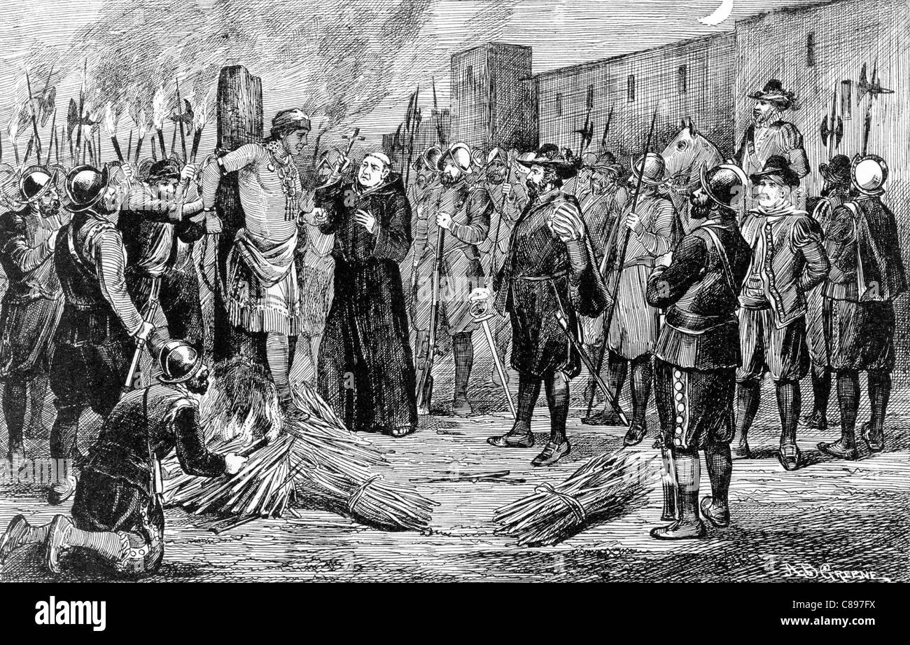 The execution of the Inca. Spaniards burning Atahualpa at stake with monk holding crucifix to right of Inca. Stock Photo