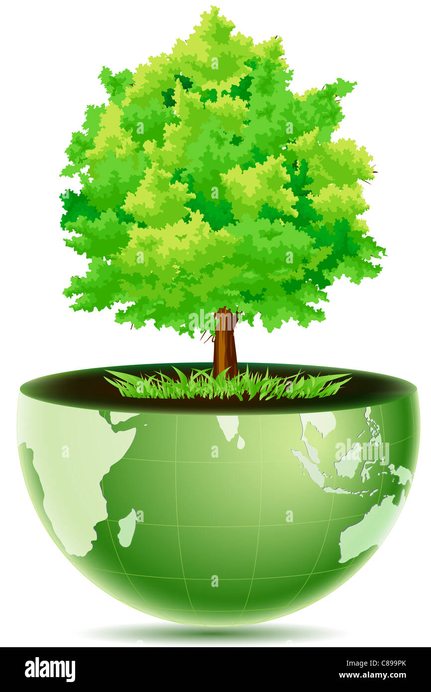 illustration of green globe with grass & tree on white background Stock ...