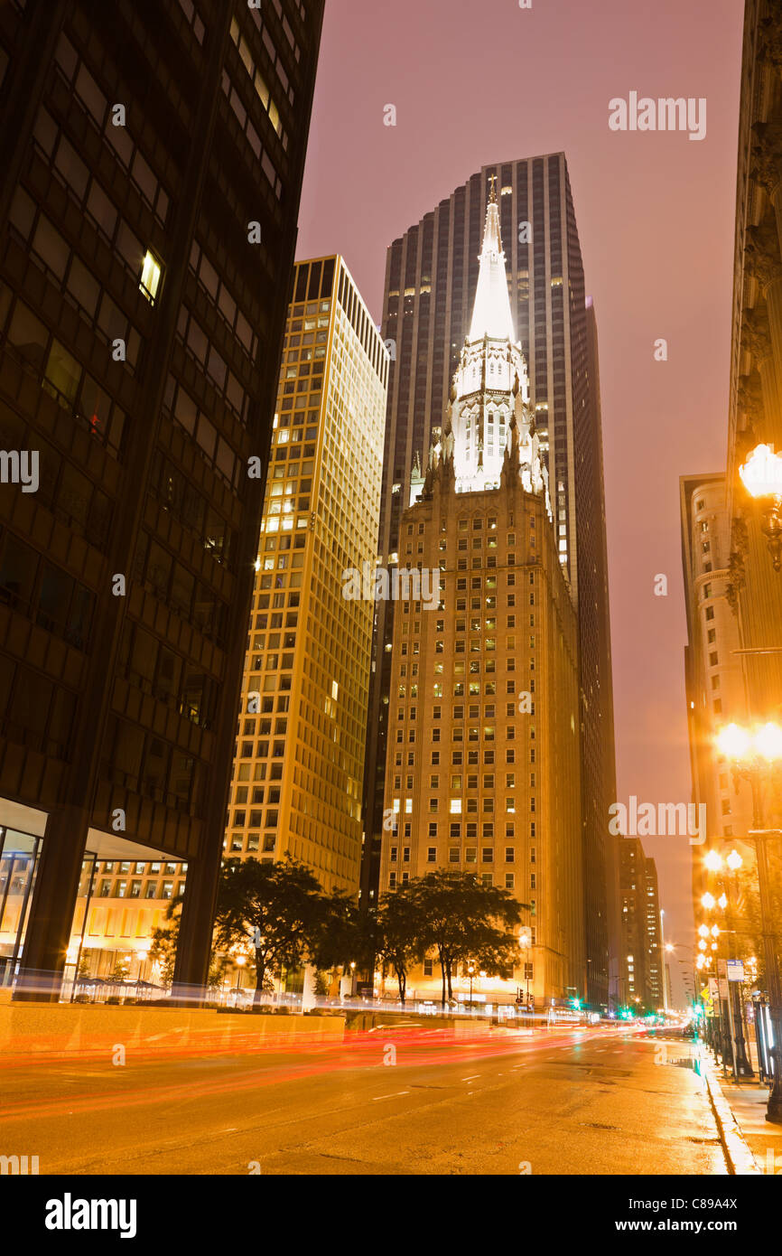 Clark Avenue in Chicago. First United Methodist Church at the Chicago Temple in the center. Stock Photo