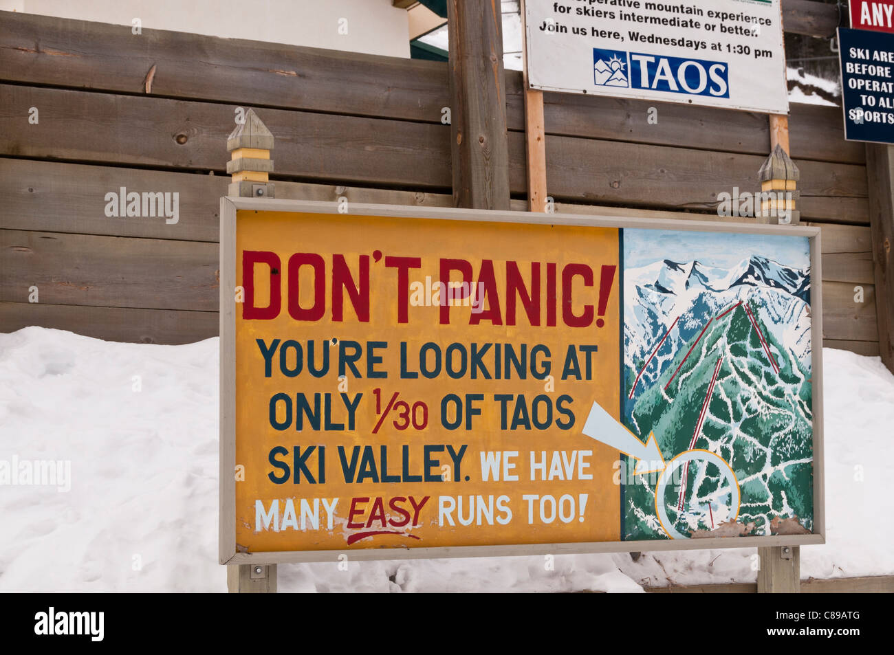 Don't Panic sign, Taos Ski Valley Ski Area, Taos Ski Valley, New Mexico. Stock Photo