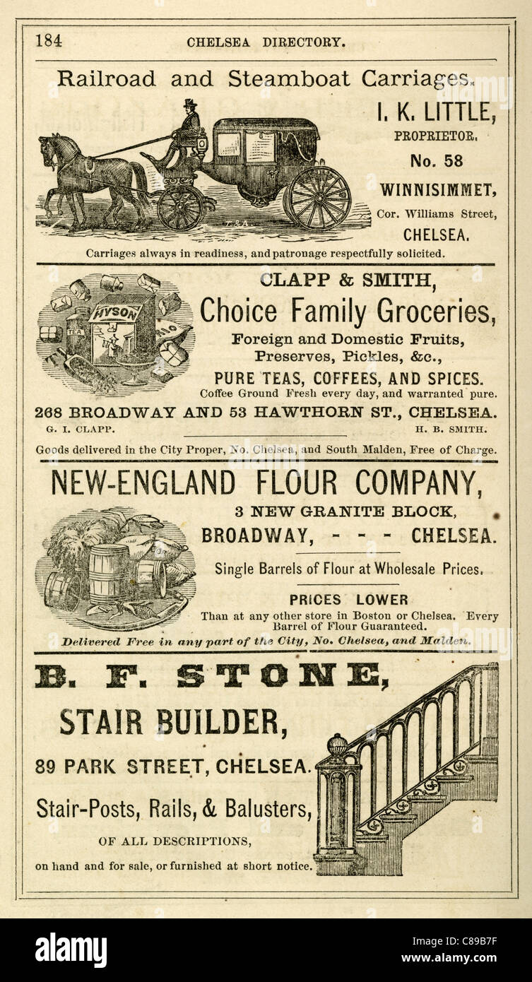 1870 classifieds advertisements from a Chelsea, MA city directory. Stock Photo