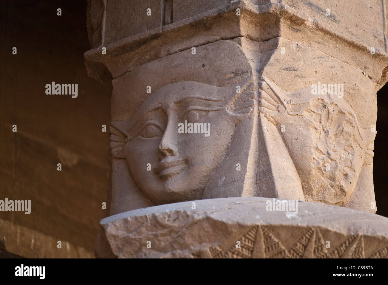 Hathor headed column Temple of Isis at Philae, Aglika Island, Aswan Upper Egypt Stock Photo