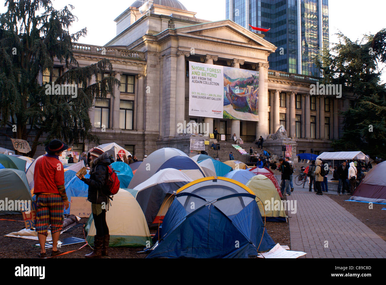 Protesters tents at the Occupy Vancouver rally in front of the Vancouver Art Gallery, Vancouver, British Columbia, Canada. Stock Photo