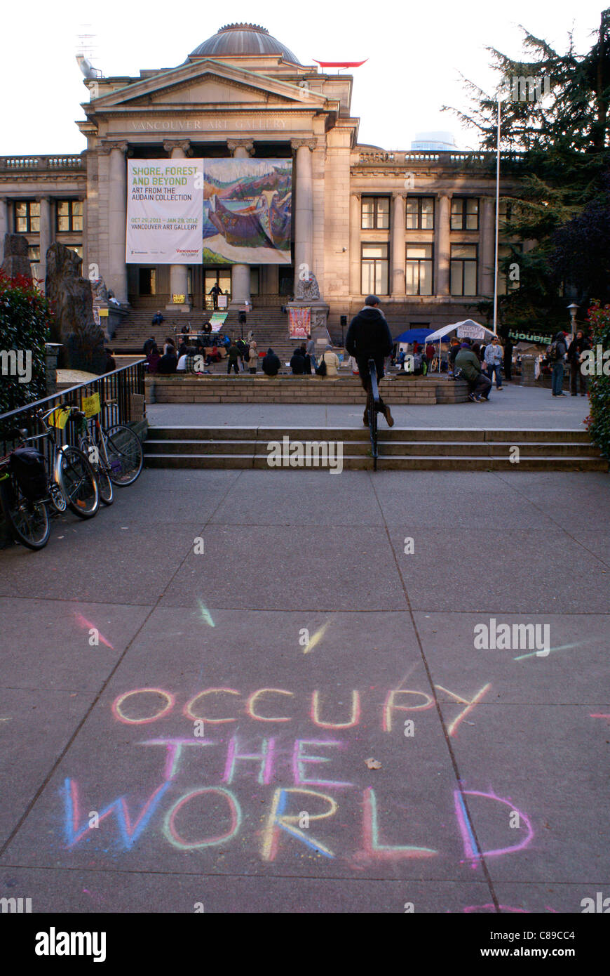 Sidewalk graffiti at the Occupy Vancouver rally in front of the Vancouver Art Gallery, Vancouver, British Columbia, Canada Stock Photo