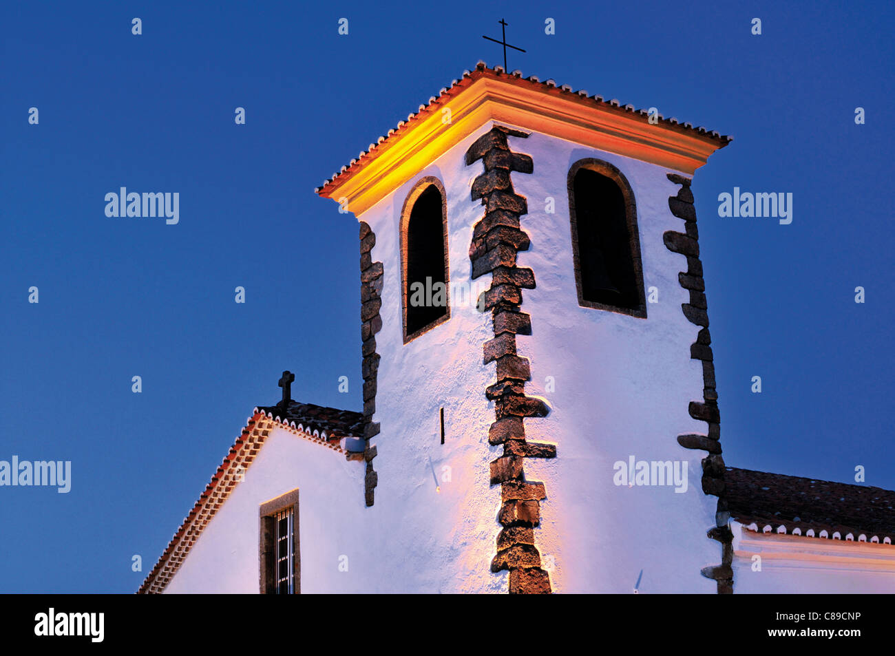 Portugal, Alentejo: Nocturnal illuminated church and museum of Santa Maria in the historic village of Marvao Stock Photo