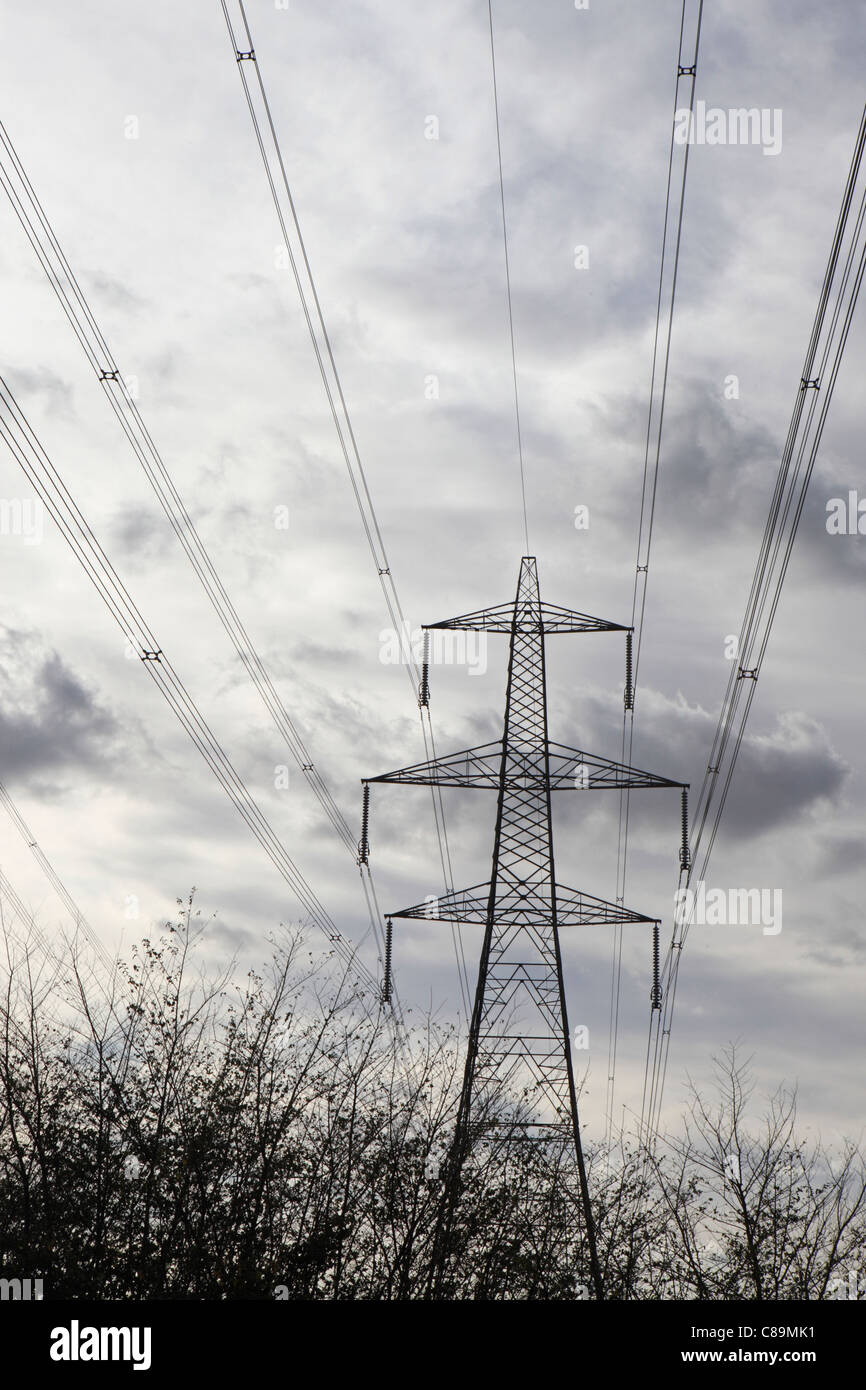 High Voltage Electricity Cables & Pylons near Sizewell Nuclear Power Station, in Suffolk UK Stock Photo