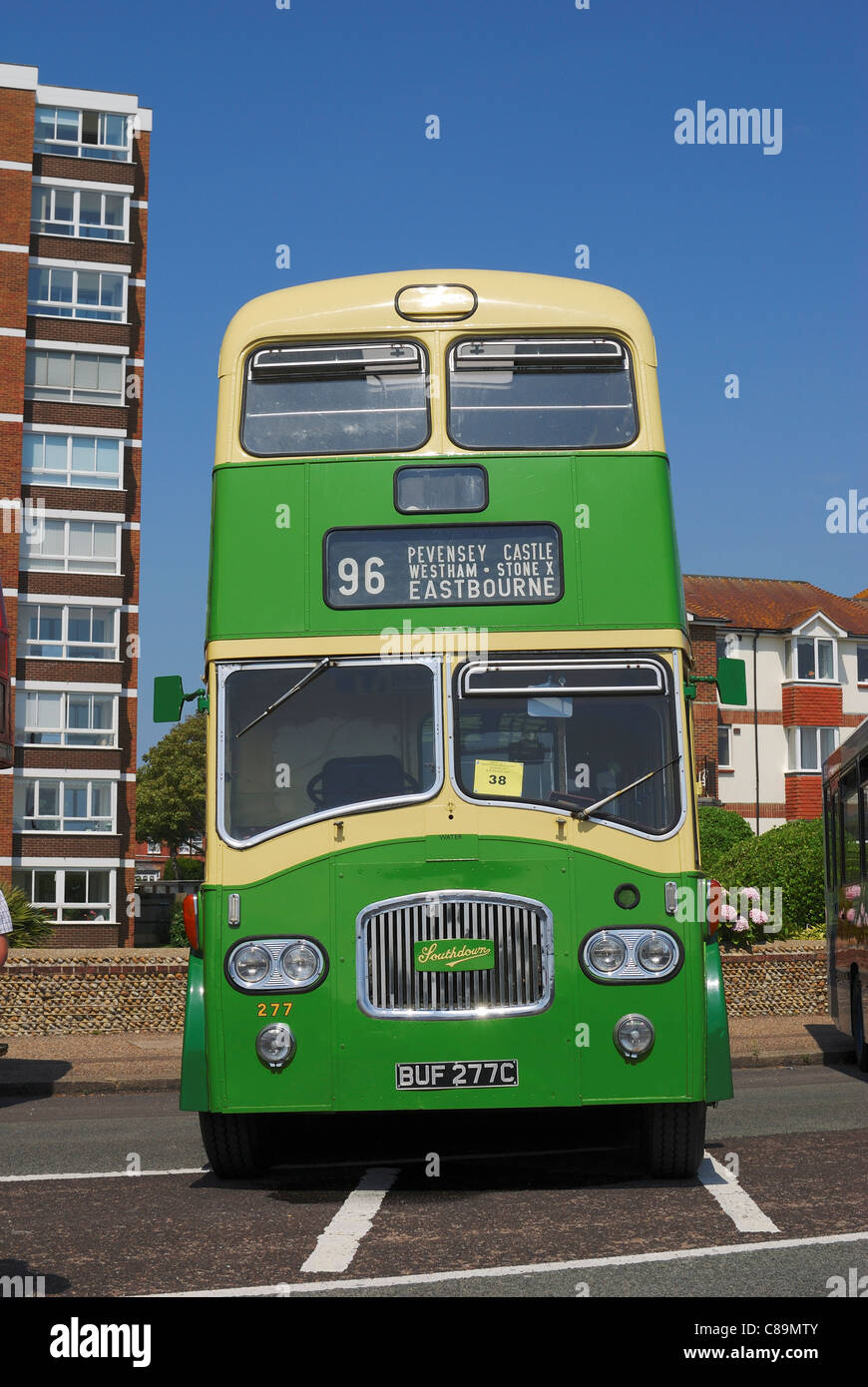 Classic English green and cream double decker bus at seafront fair and bus rally. Worthing. West Sussex. England. Summer 2011 Stock Photo