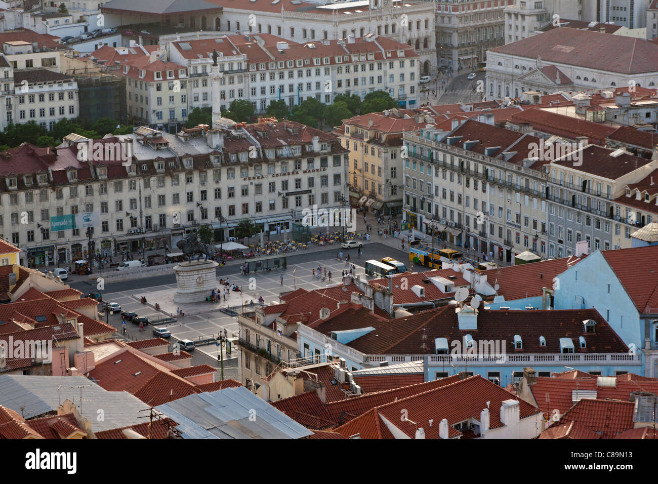 Europe, Portugal, Lisbon, Baixa, View of city with Equestrian statue of King Dom Joao I and Praca da Figueira square Stock Photo