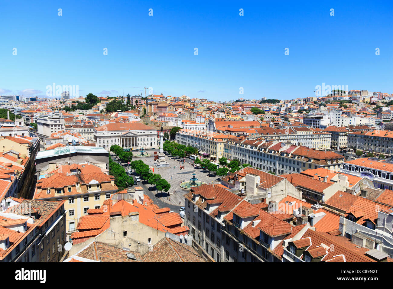 Europe, Portugal, Lisbon, View of city square with statue of Dom Pedro IV Stock Photo