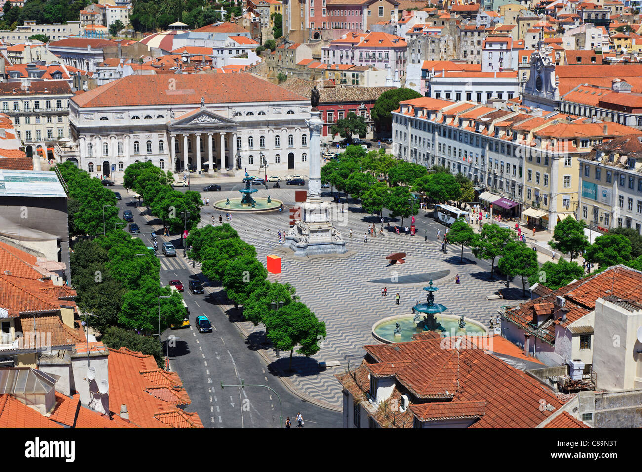 Europe, Portugal, Lisbon, View of city square with statue of Dom Pedro IV Stock Photo