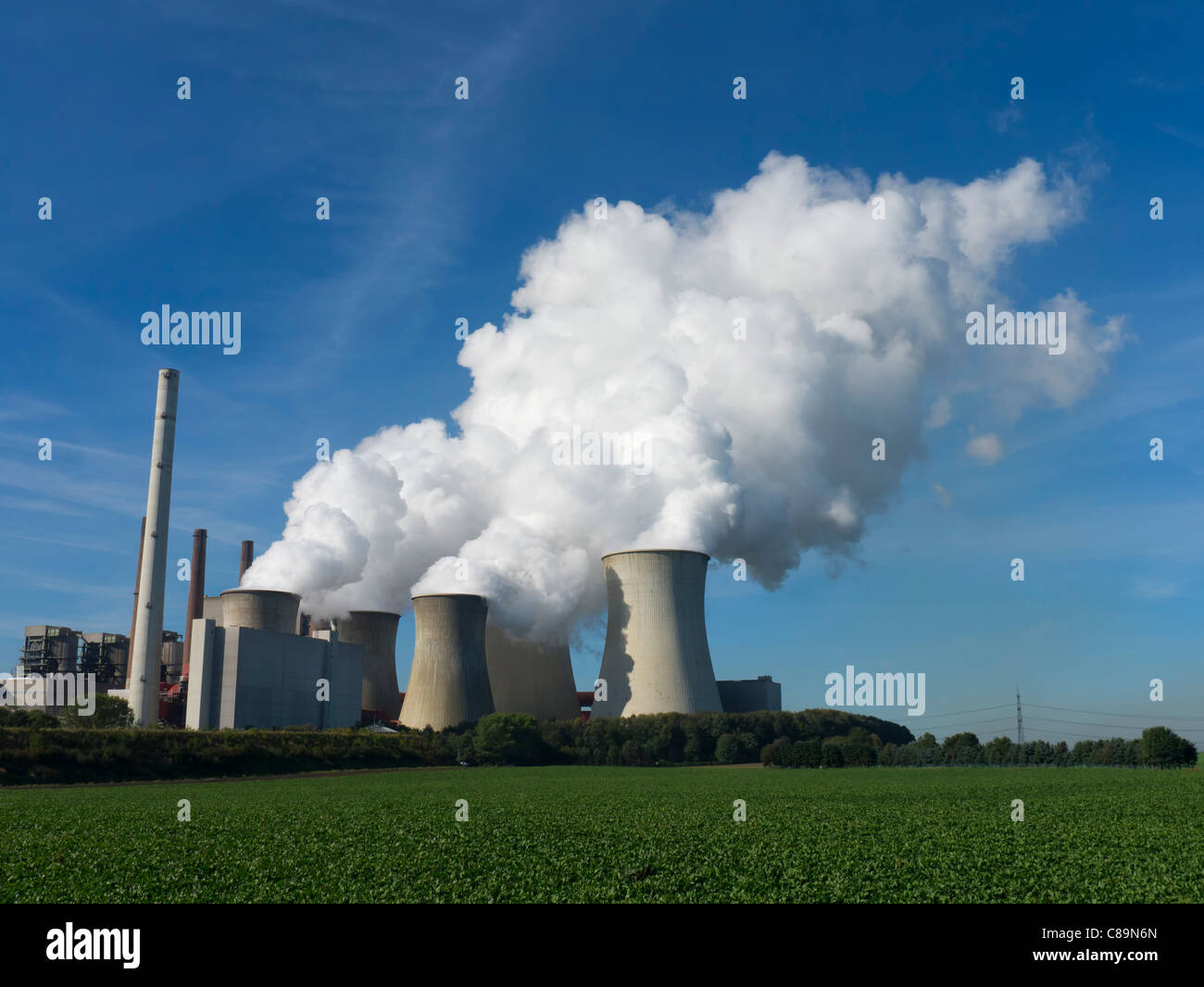 Cooling towers at Neurath brown coal fired power station in North Rhine Rhine-Westphalia in Germany Stock Photo