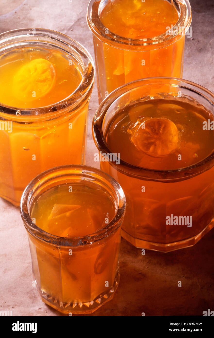 Pots of citrus fruit jelly Stock Photo Alamy
