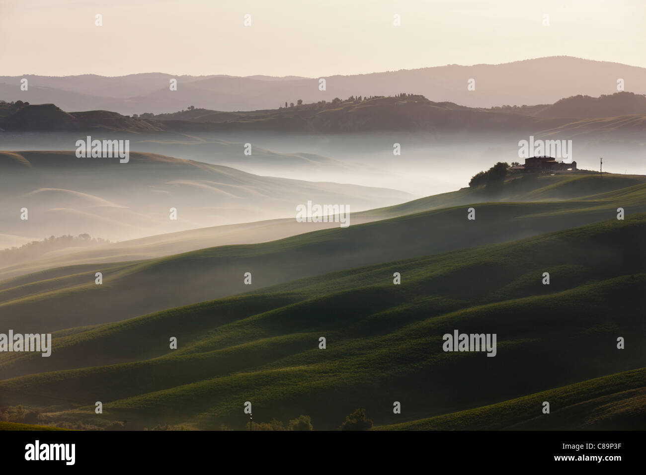 Italy, Tuscany, Crete, View of farm with fog at hilly landscape Stock Photo