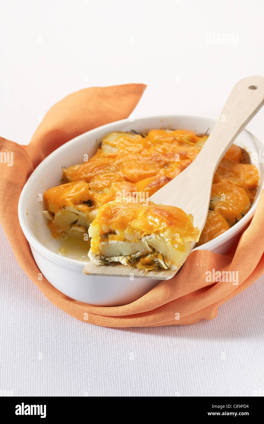 Touquet Ratte potato,feta and Mimolette cheese-topped dish Stock Photo