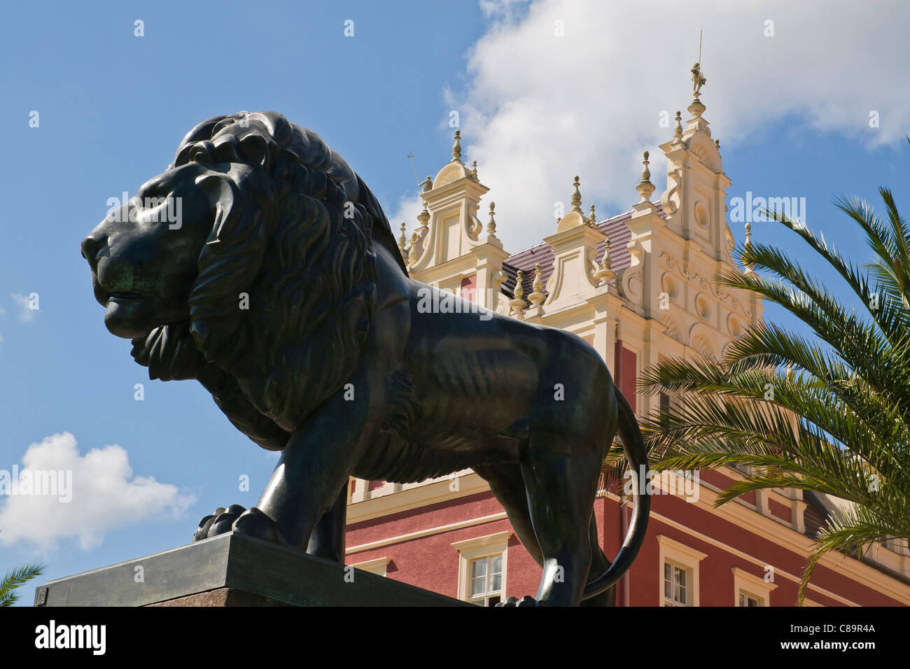 Bronze lion in front of Palace 'Fürst Pückler' in Bad Muskau, Germany. Stock Photo