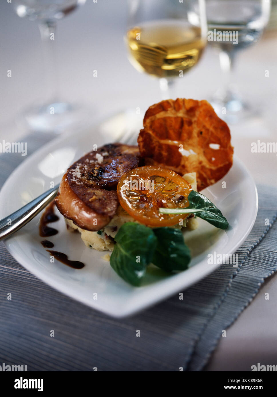Pan Fried Foie Gras With Confit Citrus Mashed Potatoes With Butter Stock Photo Alamy