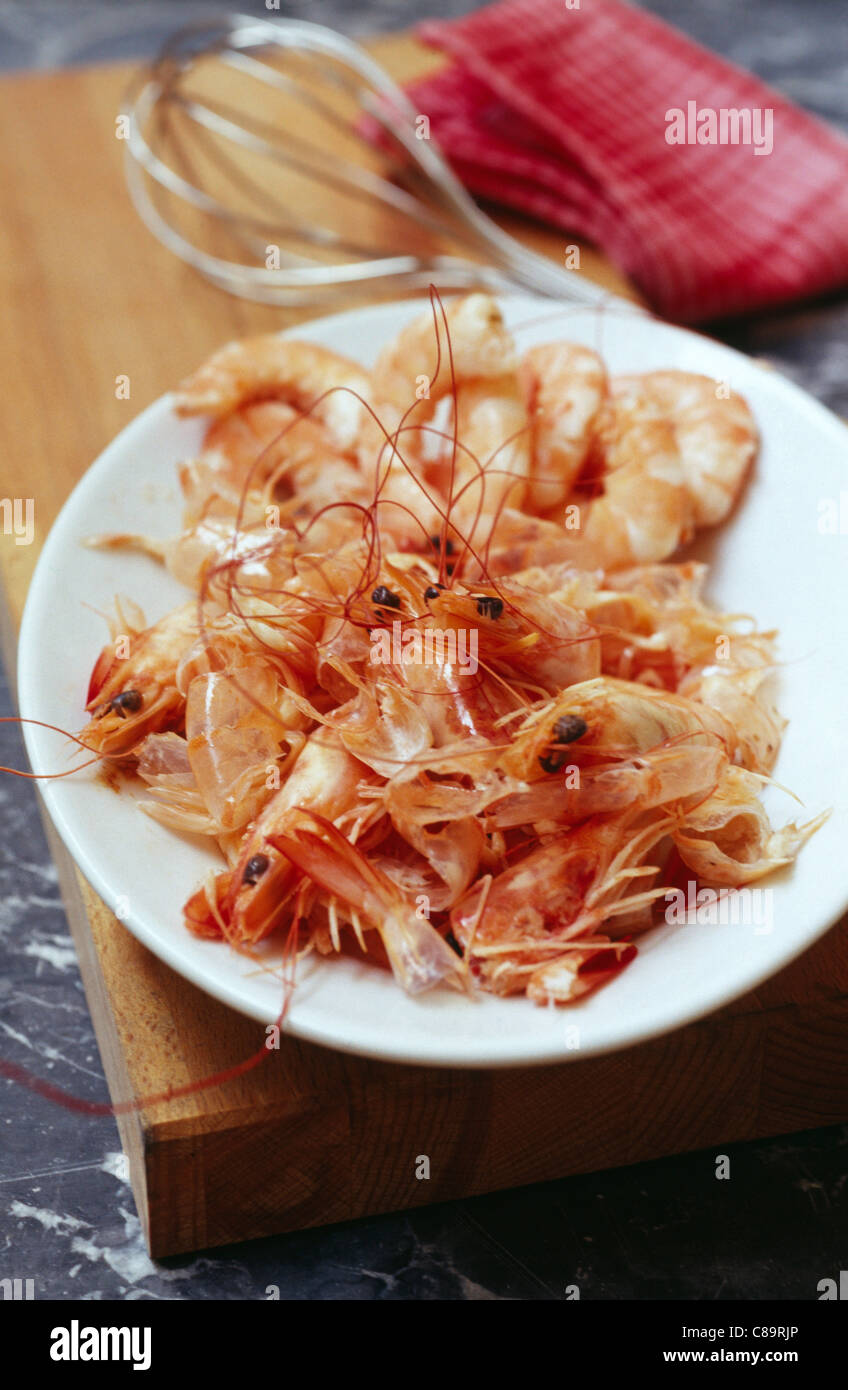 Plate of peeled shrimps Stock Photo
