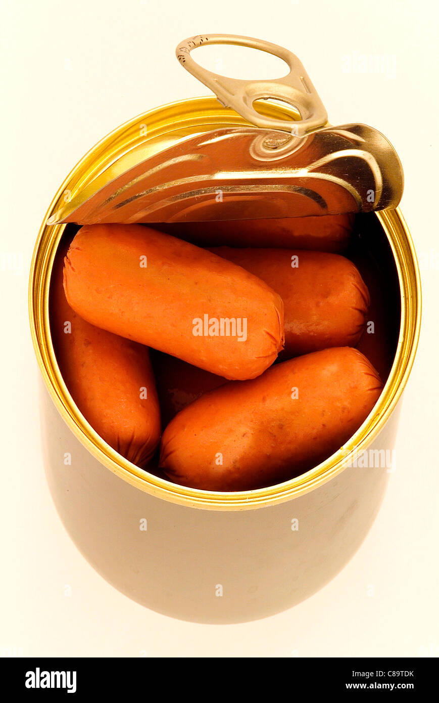 Cocktail sausages in tin Stock Photo Alamy