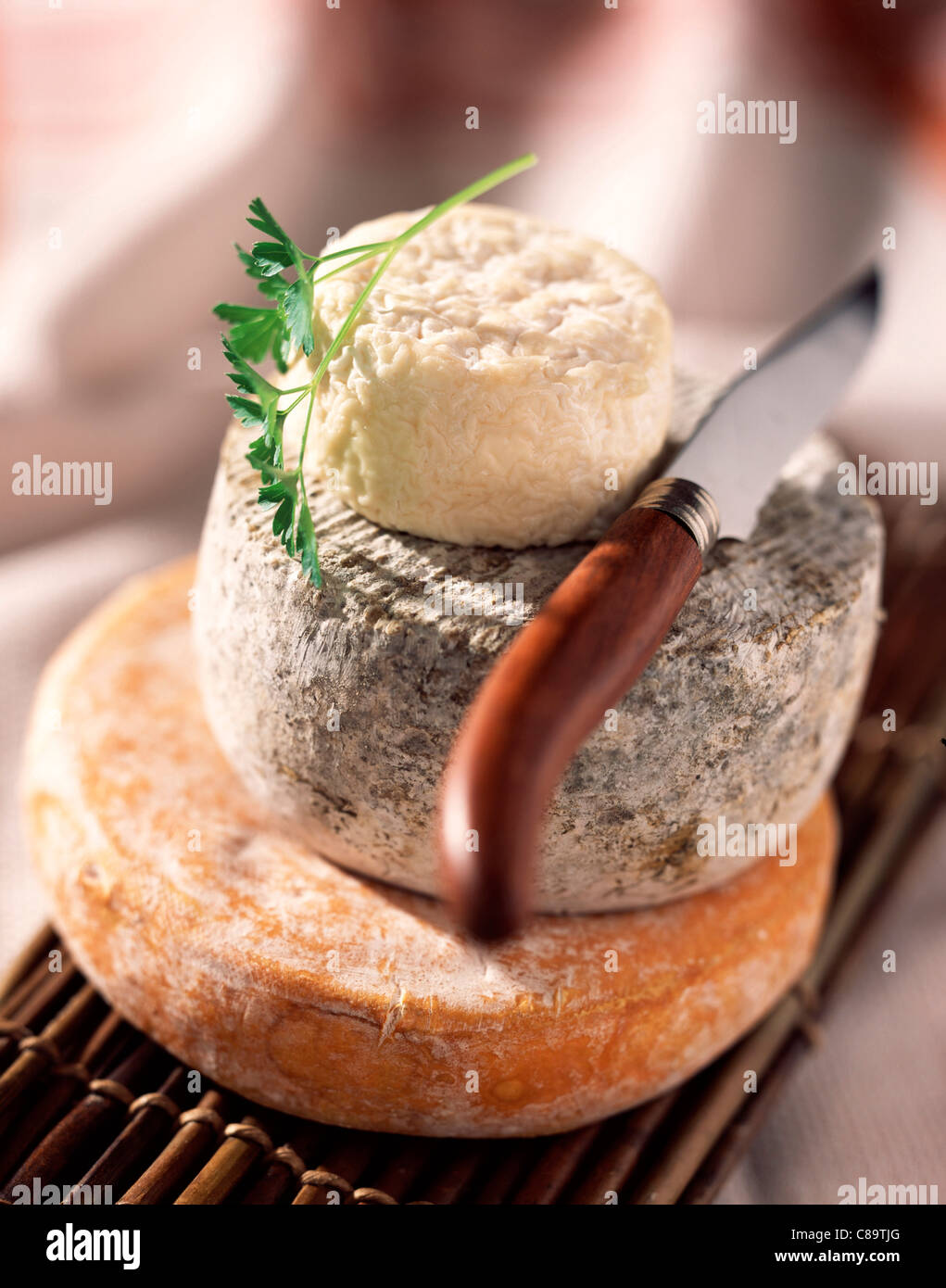 Stacked cheeses : Reblochon, Selles-sur-Cher, Crottin de chavignol Stock Photo