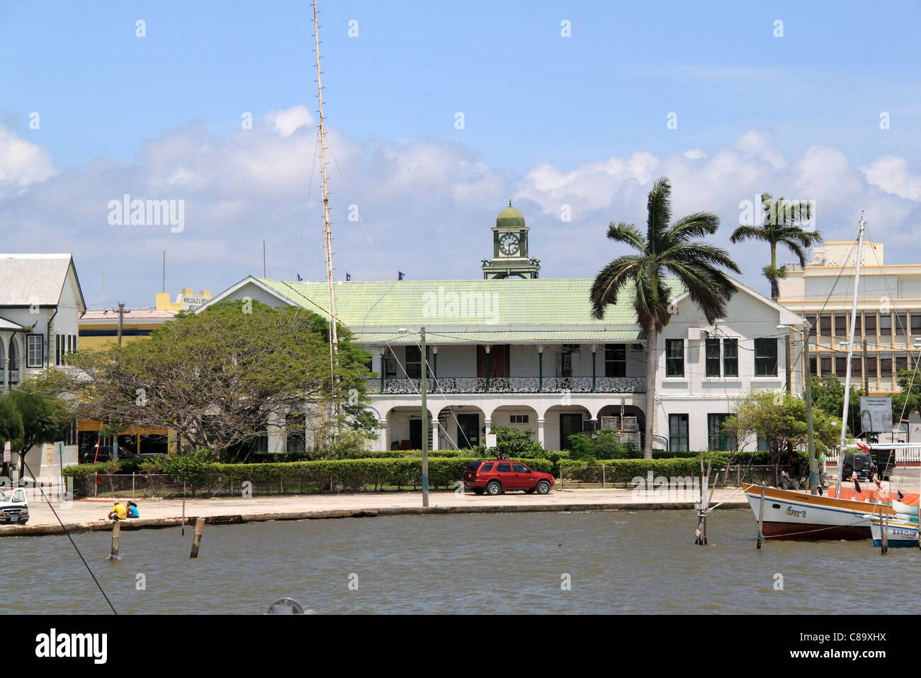 Rear of Belize Supreme Courthouse, Southern Foreshore, Haulover Creek, Belize City, Belize, Caribbean, Central America Stock Photo