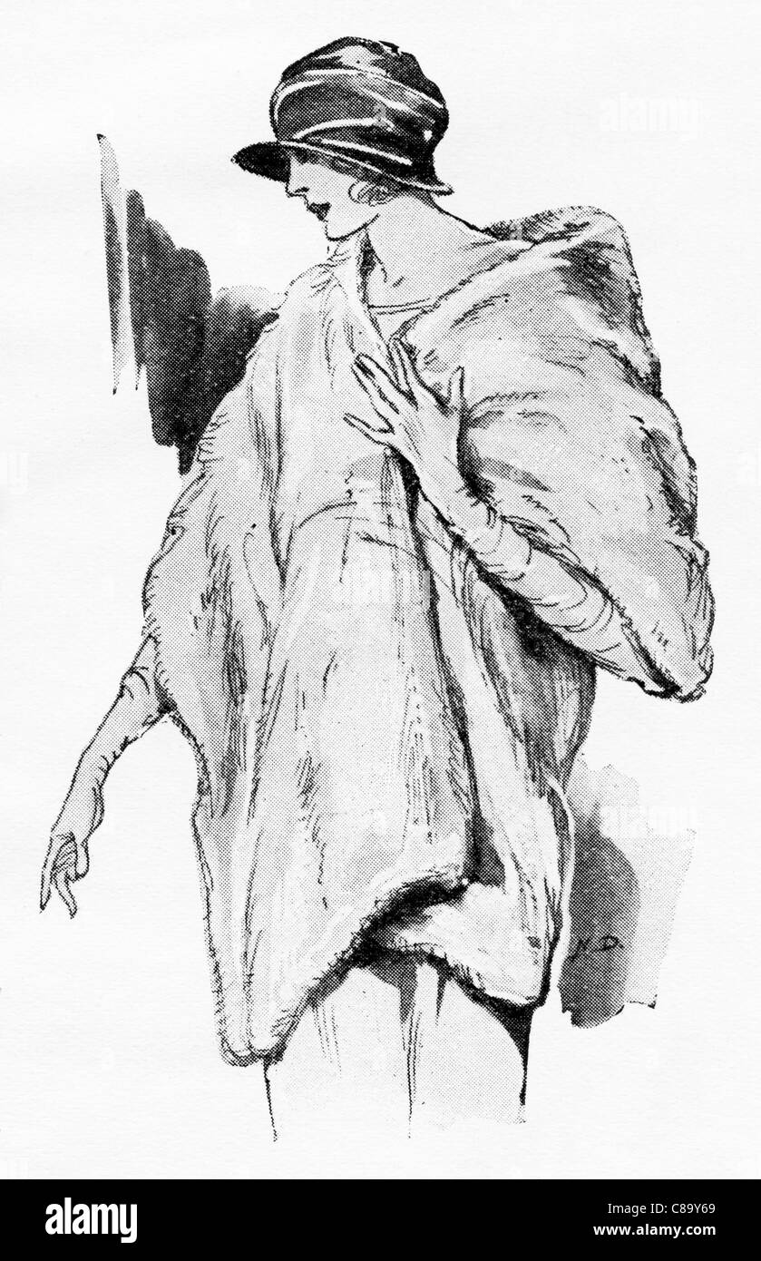 Fashion illustration circa 1922. Wide fur wrap of white manchu rabbit. Stock Photo