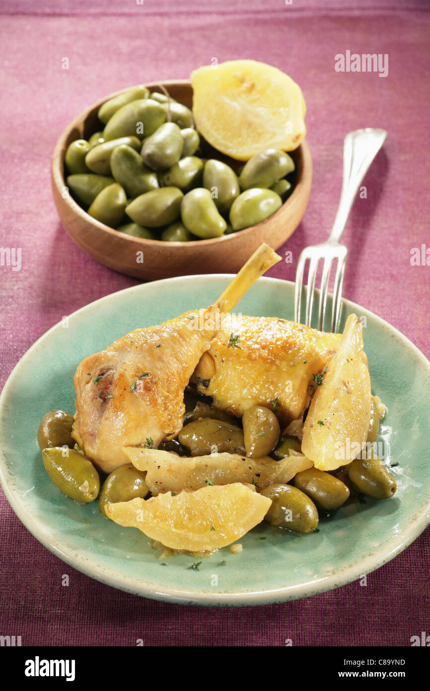 Chickan with lemon and green olives Stock Photo