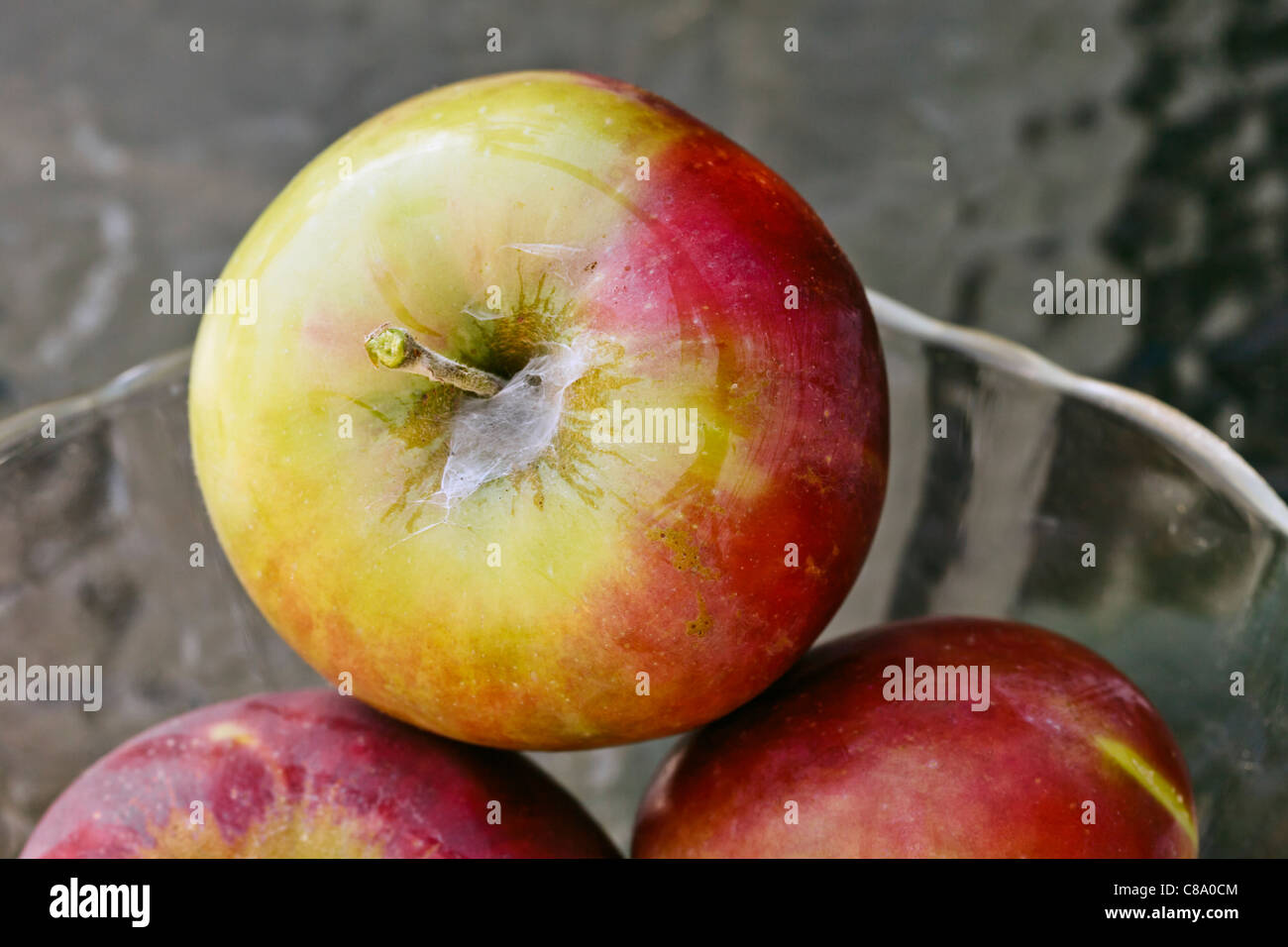 gravenstein apples in glass bowl Stock Photo