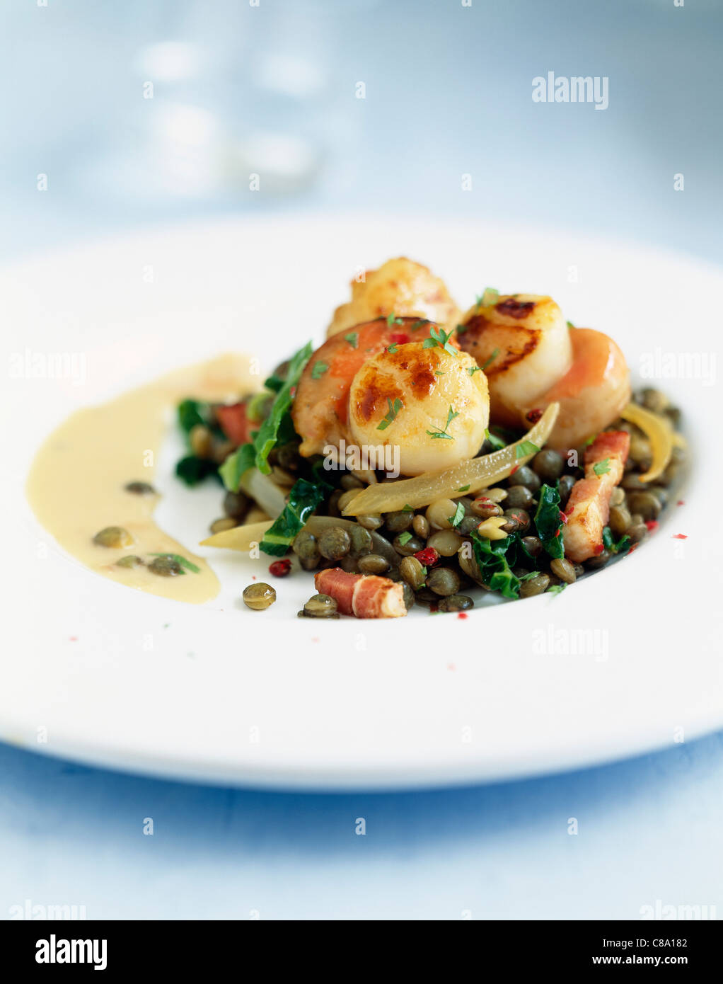 Scallops with lentils Stock Photo Alamy