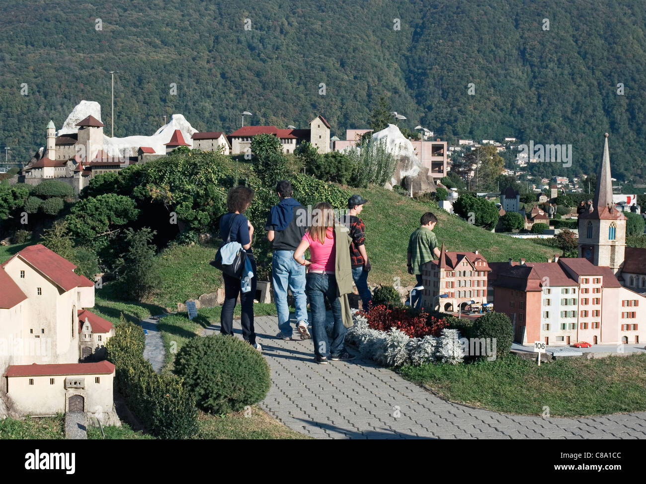 group of visitors at Swissminiatur park - Melide - Switzerland Stock Photo