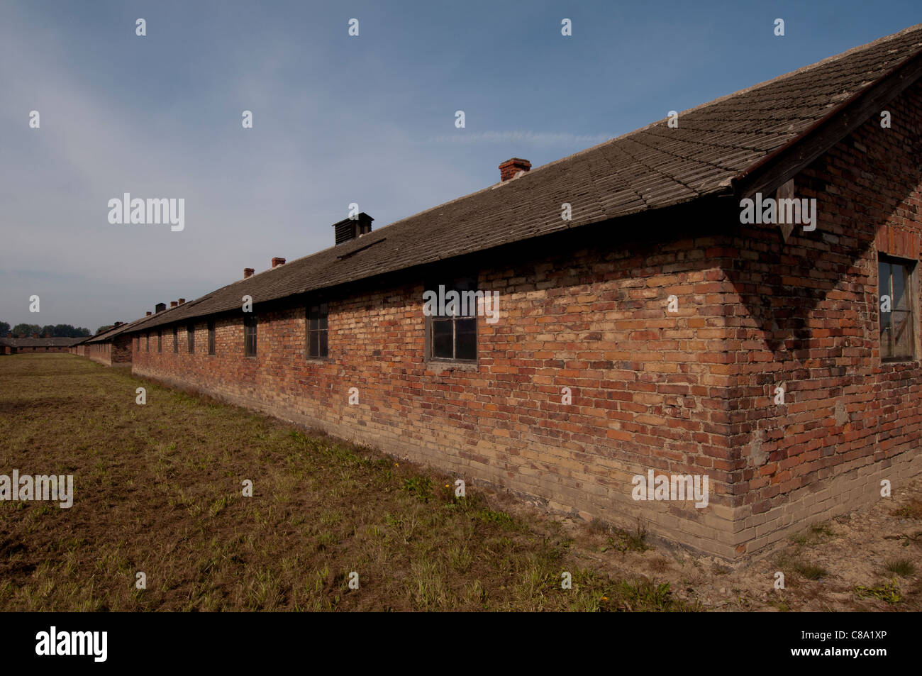 Exterior of inmate barracks, Auschwitz II - Birkeanau death camp Stock Photo