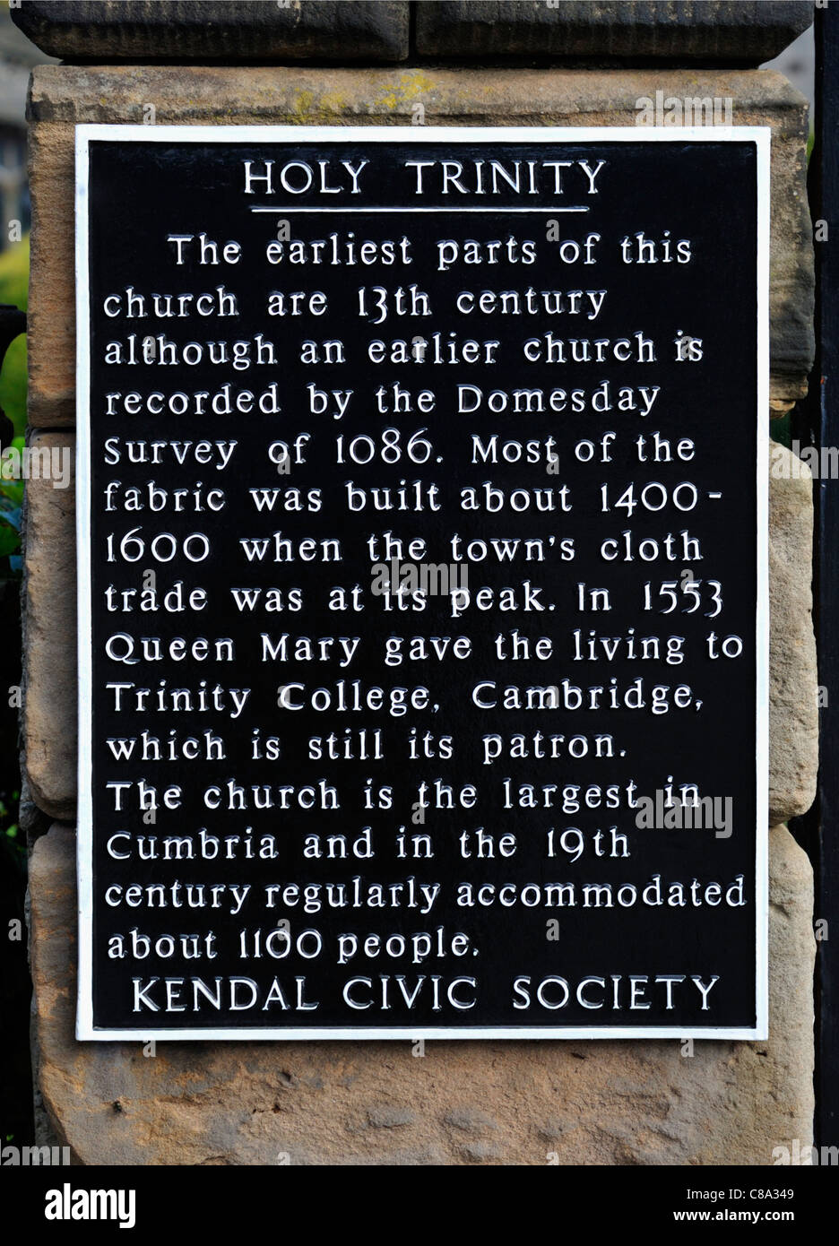 Descriptive plaque. Holy Trinity, Kendal Parish Church. Kirkland, Kendal, Cumbria, England, United Kingdom, Europe. Stock Photo