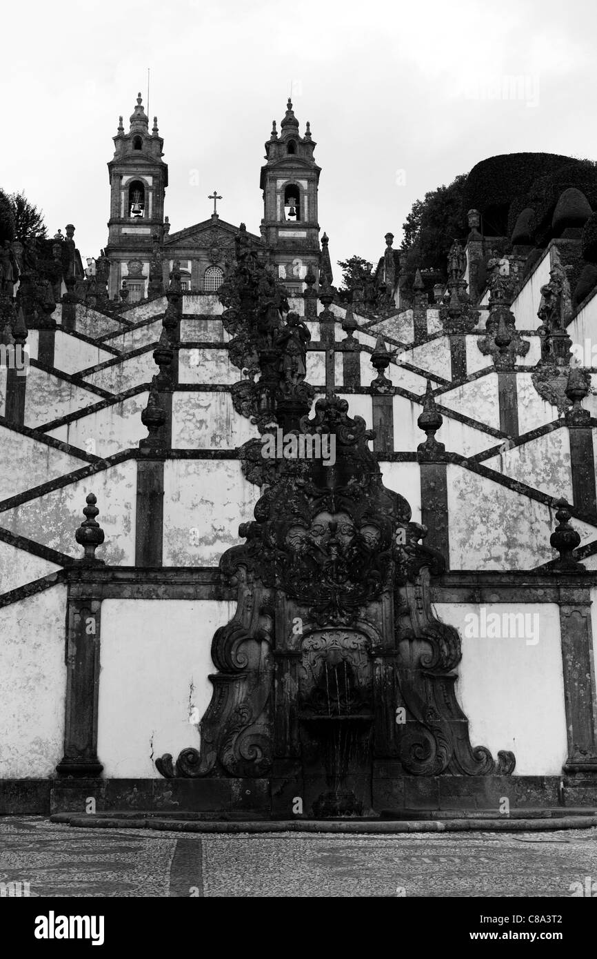 Monochrome image of the staircase at Bom Jesus do Monte in Braga, Portugal. Stock Photo