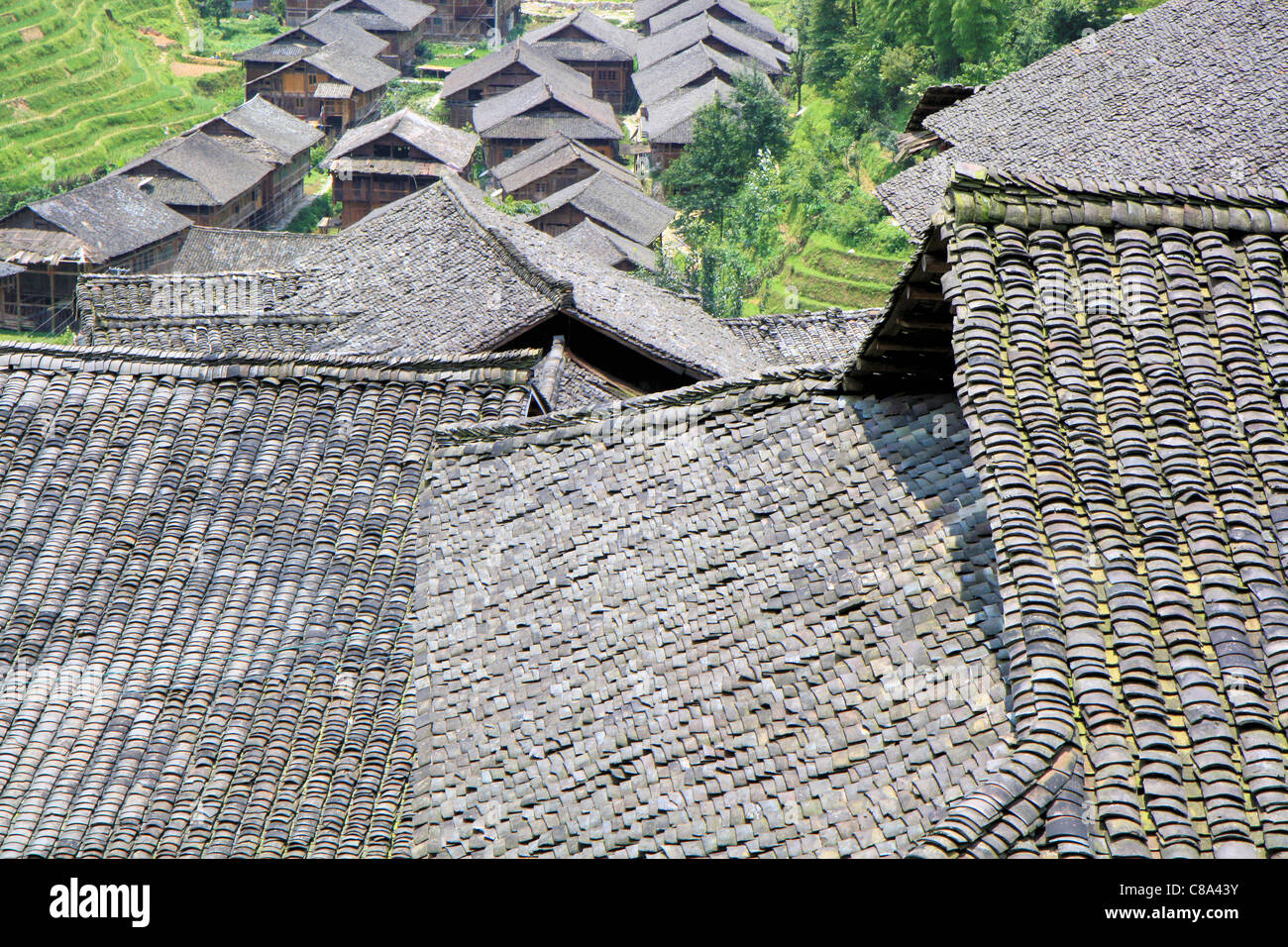 Roofs and houses in the terraced rice fields area, Ping'an, Guanxi, China Stock Photo