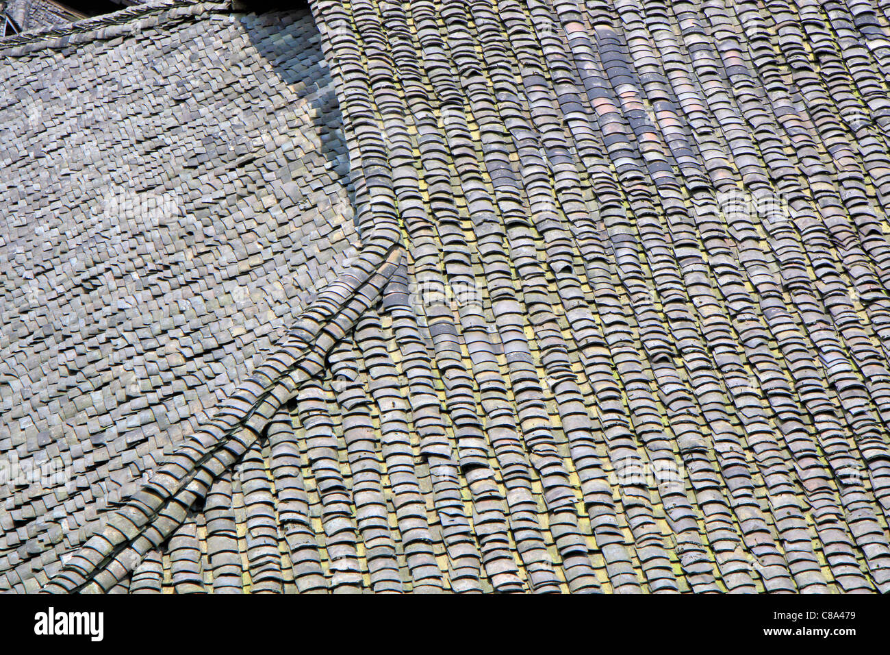 Typical roof made of gray tiles, Ping'an, Guanxi, China Stock Photo