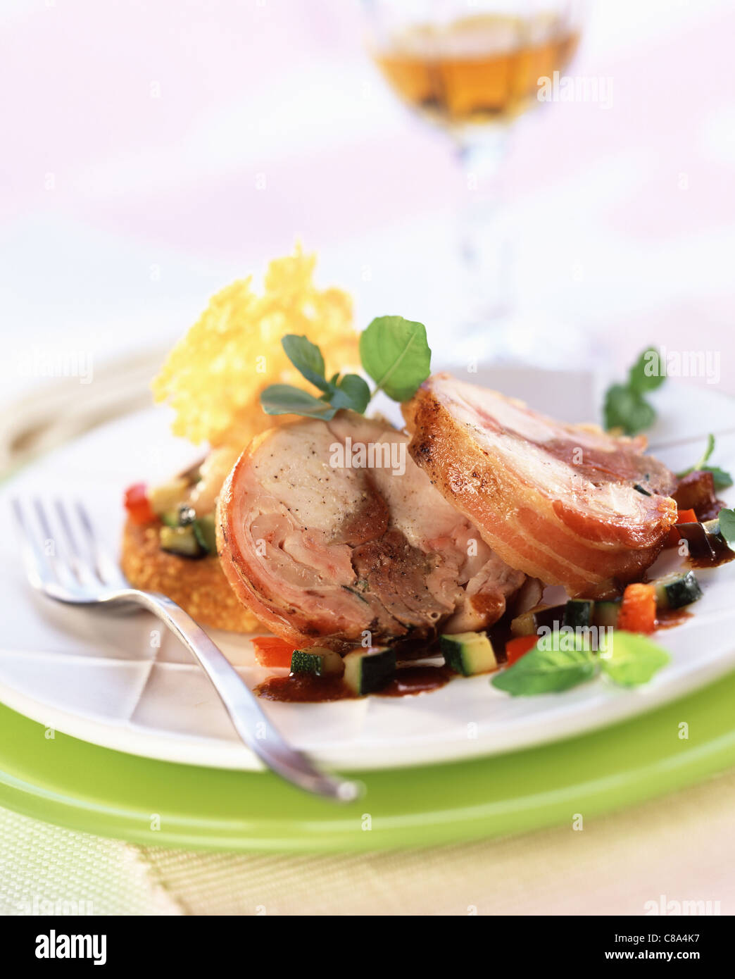 Saddle of stuffed rabbit with parmesan biscuit Stock Photo Alamy