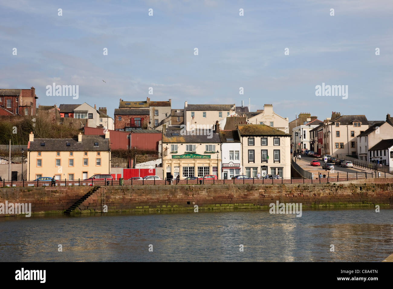 Maryport, Cumbria, England, UK, Britain. Town pub and Fish and Chips shop beside the River Ellen port Stock Photo