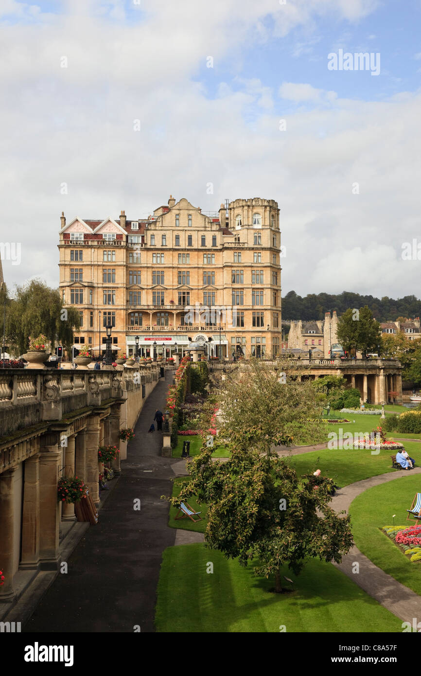 View to old Empire Hotel from across Parade Gardens Bath Somerset England UK Britain Stock Photo