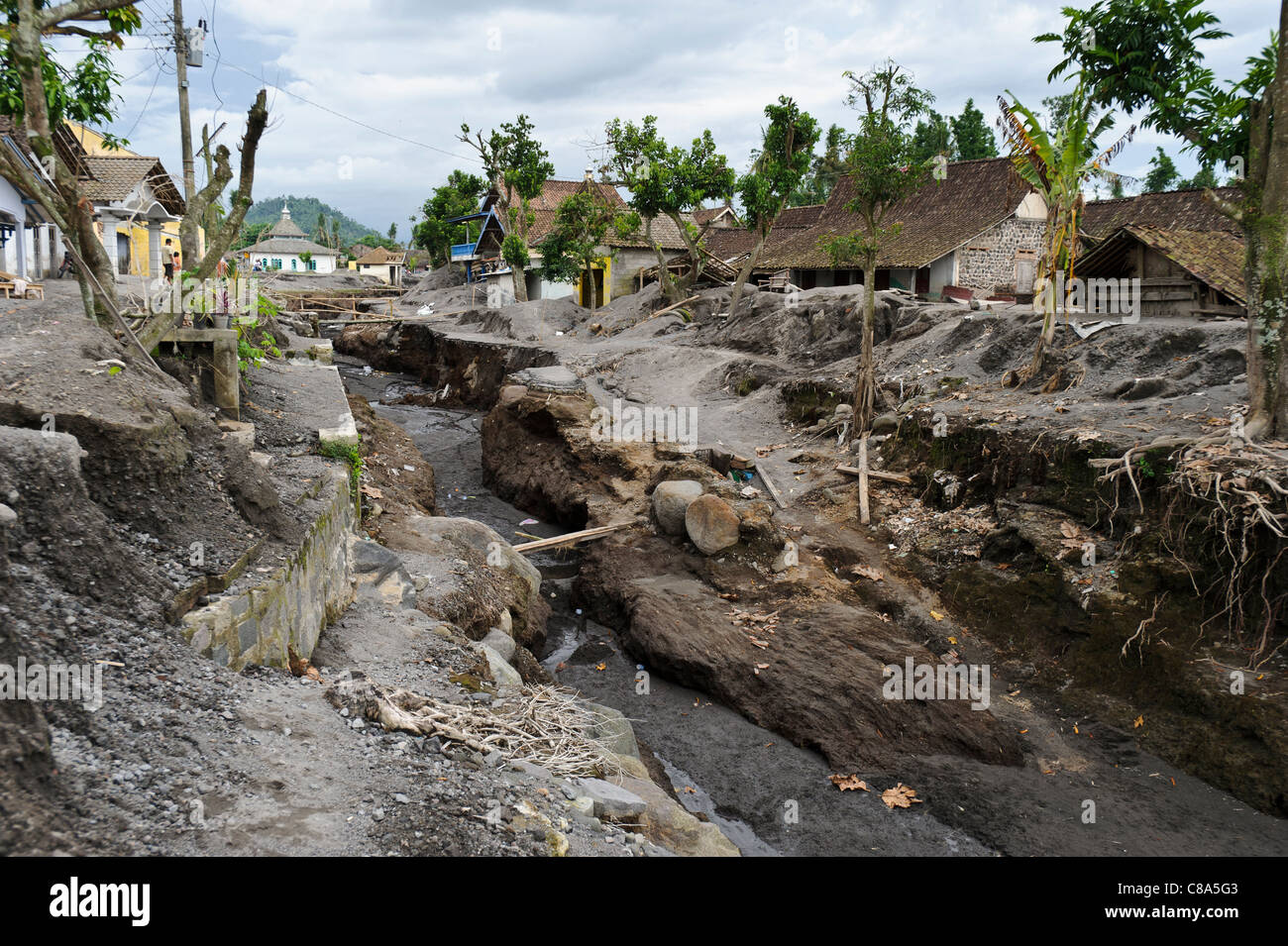 A village badly damaged by a lahar mud flow in March 2011, Sirahan, Magelang, Yogyakarta, Java, Indonesia. Stock Photo