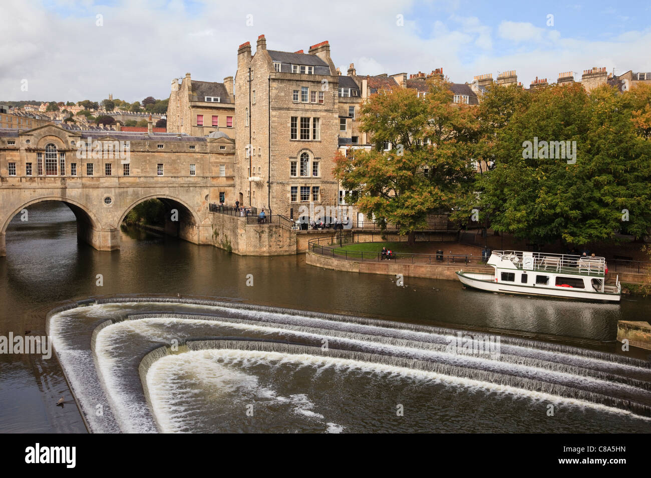 Horseshoe weir on the River Avon by Pulteney Bridge. Bath Somerset England UK Great Britain. Stock Photo