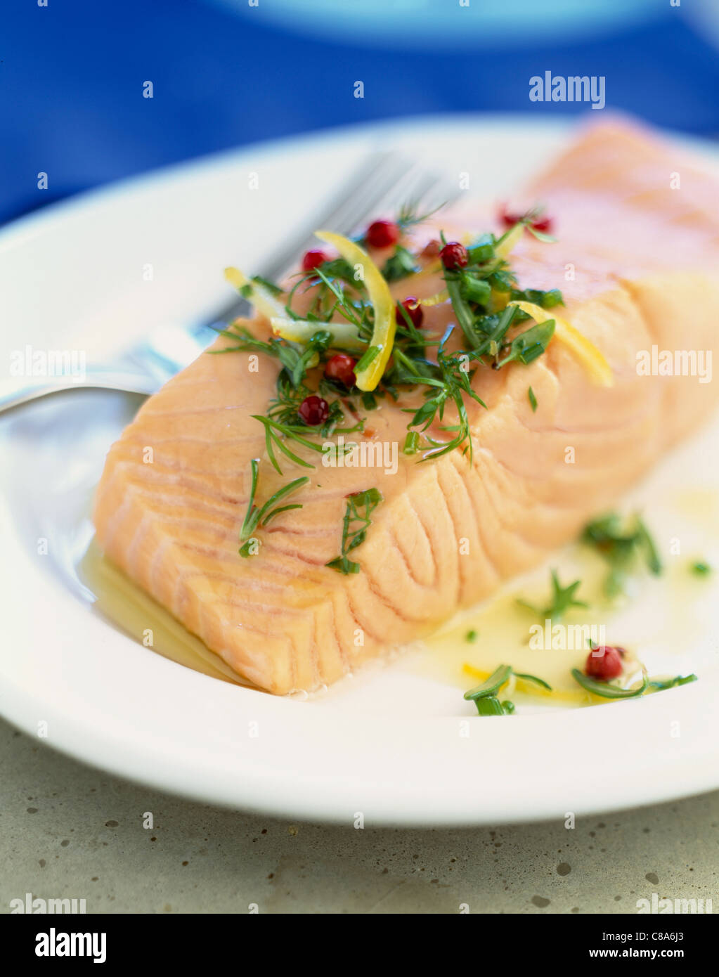 Slab of salmon with lemon Stock Photo Alamy