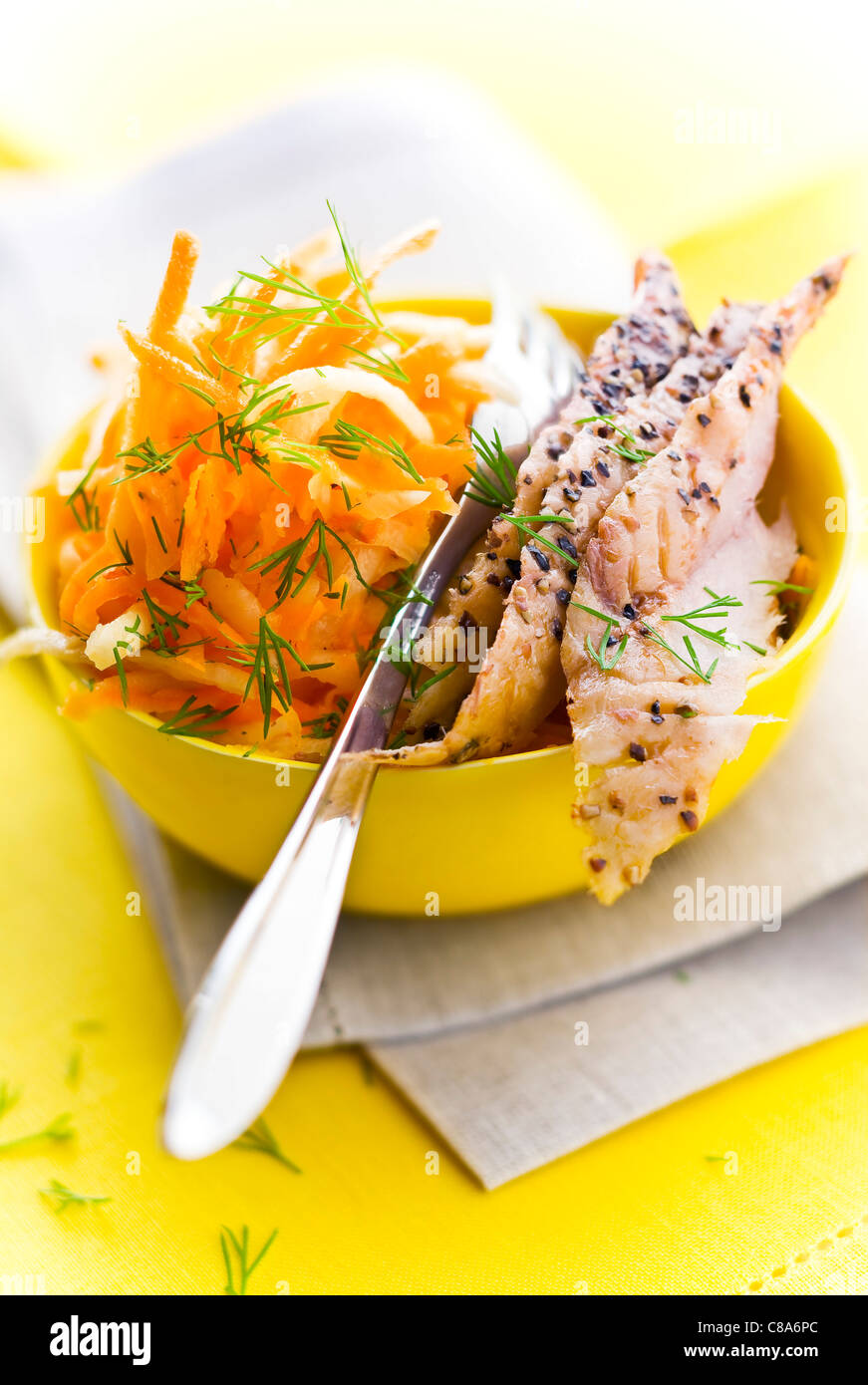 Mackerel fillets with coleslaw Stock Photo