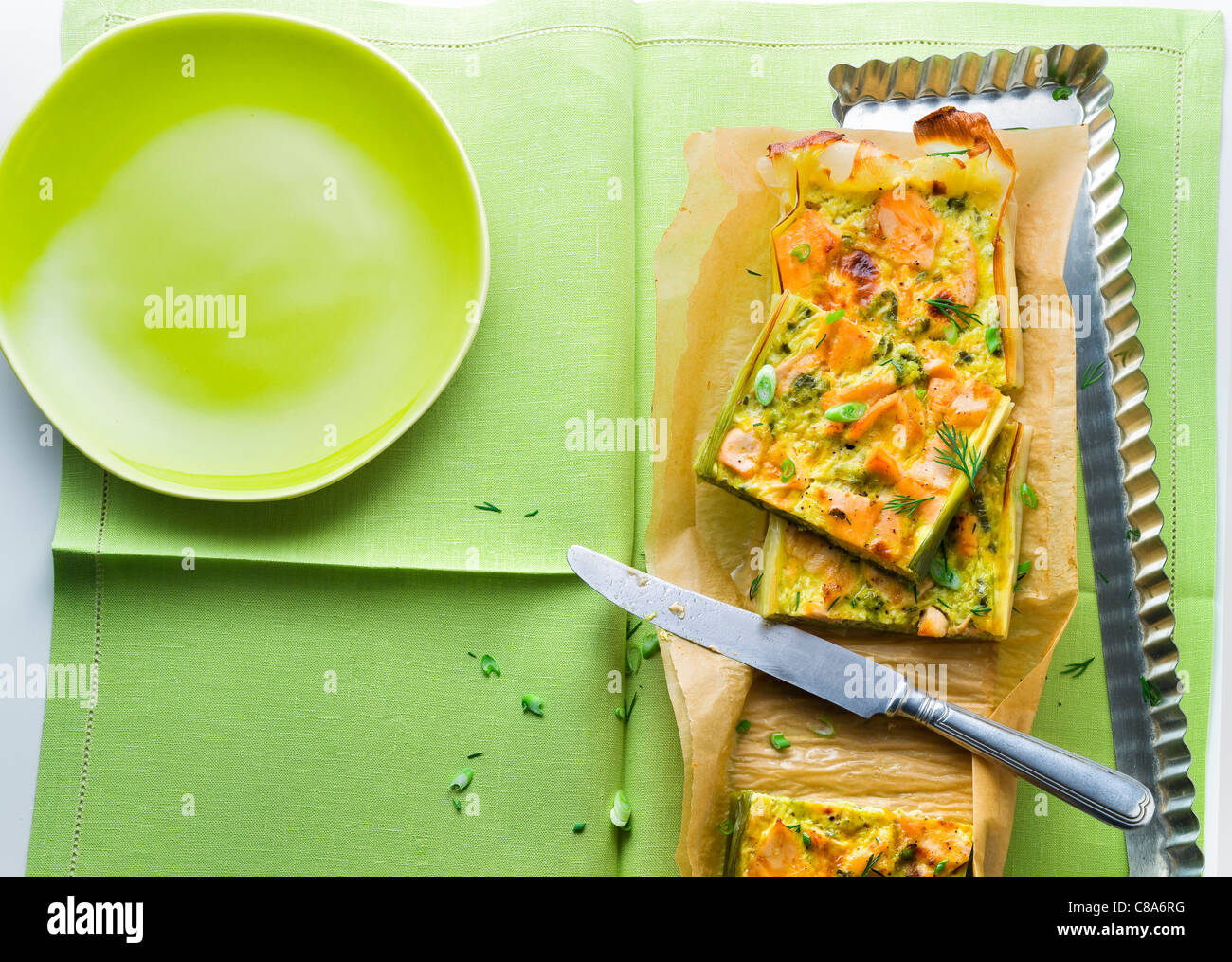Pea and curry rectangular-shaped tart Stock Photo