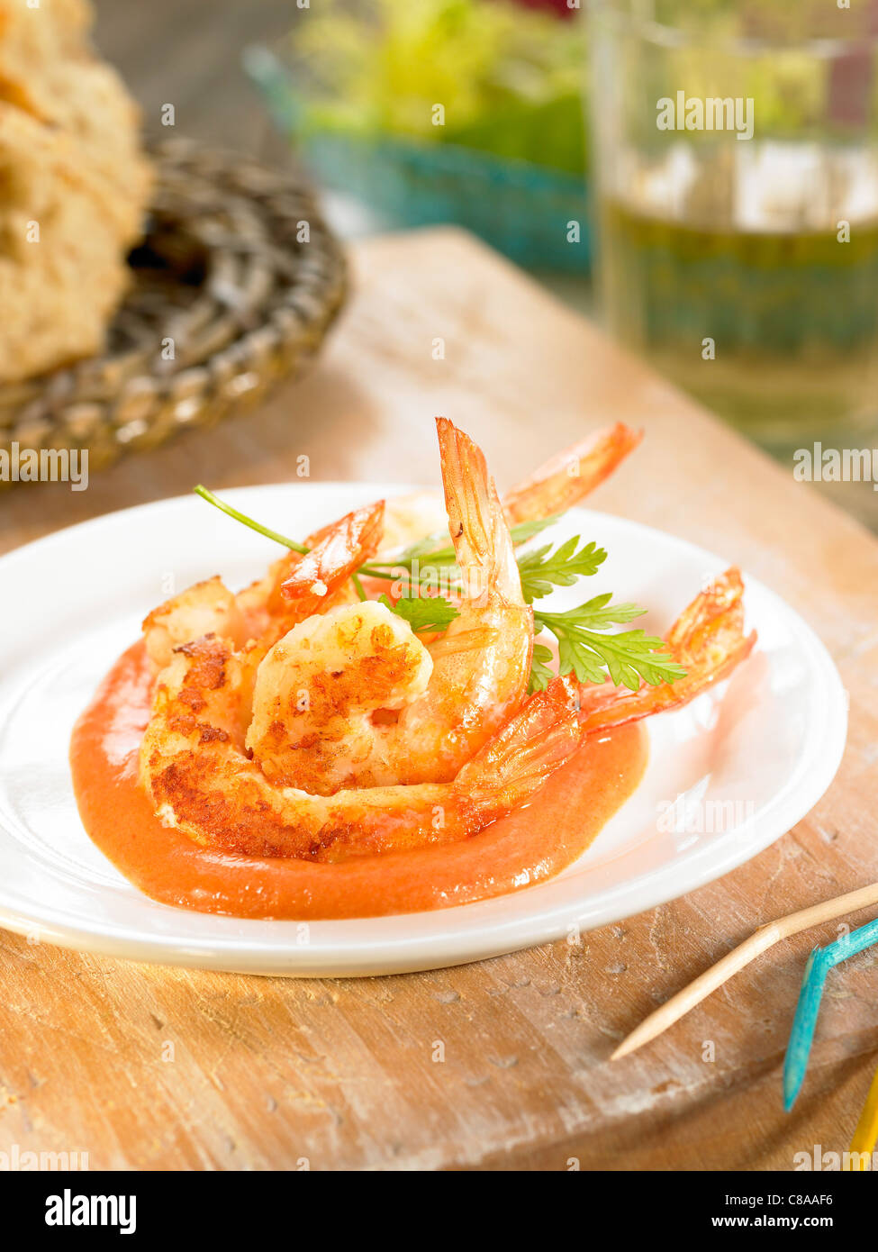 Dublin Bay prawns with Romesco sauce Stock Photo