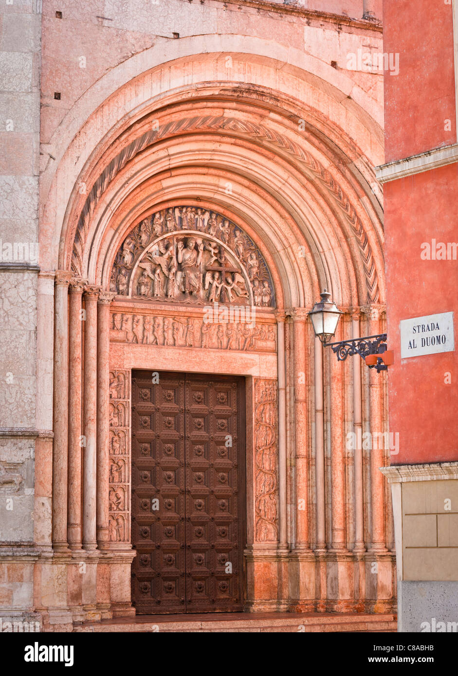 Ornately doorway to the Battistero in Parma, Emilia-Romagna Italy Stock Photo