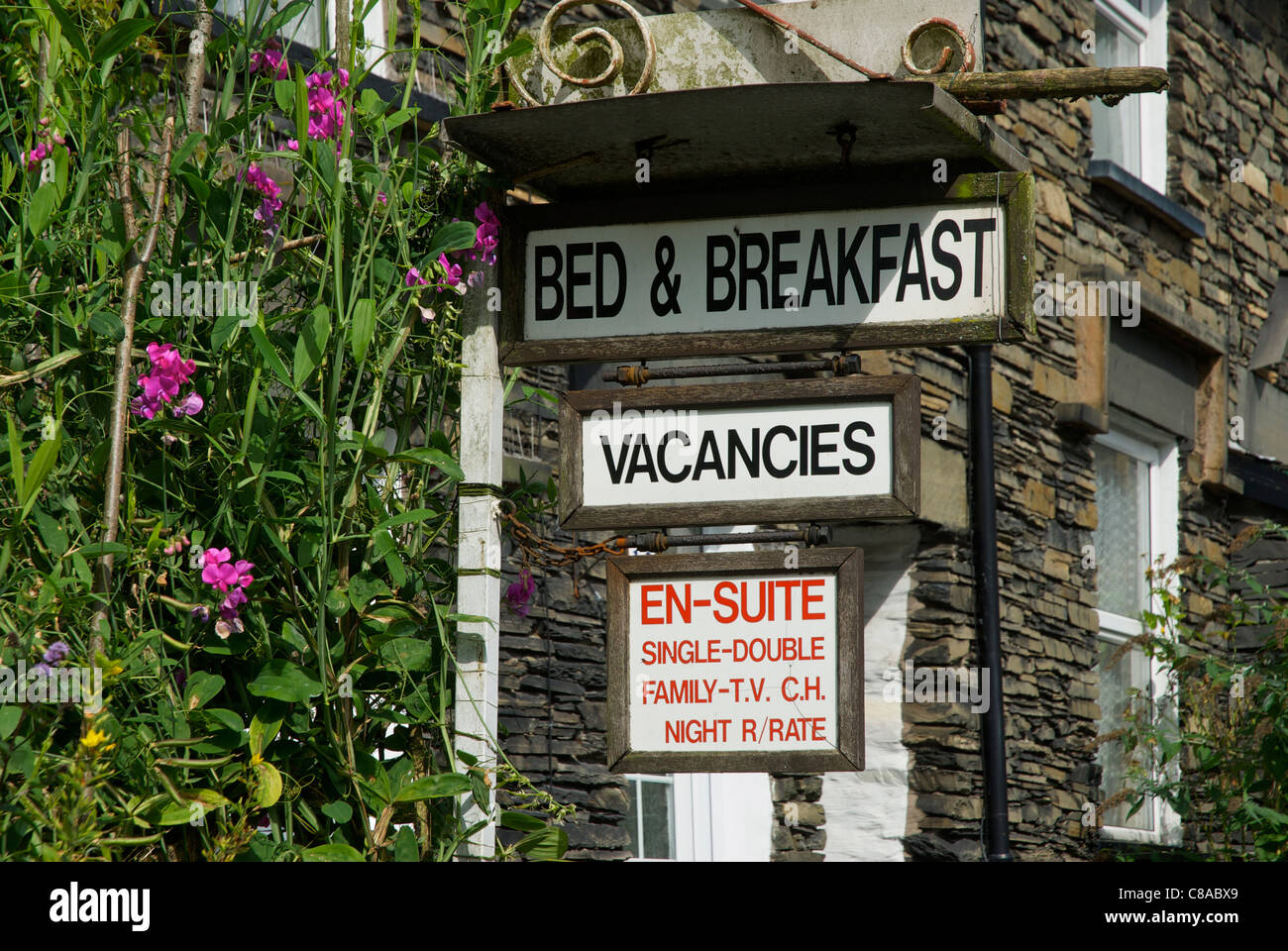 Sign for bed & breakfast accommodation, Windermere town, Lake District
