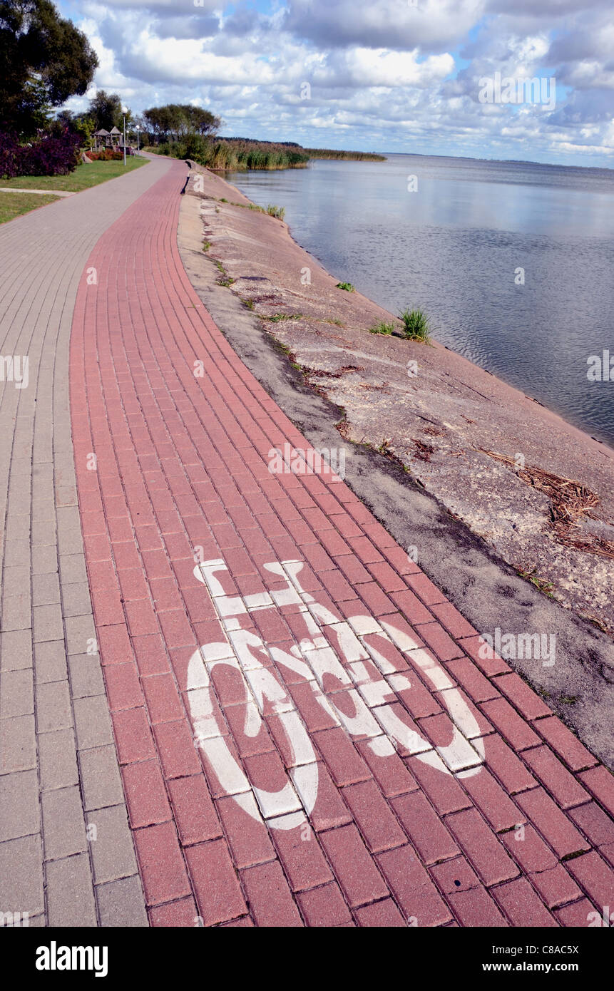 Bicycle path near the lake. Bicycle track sign. Only the bicycle! Stock Photo