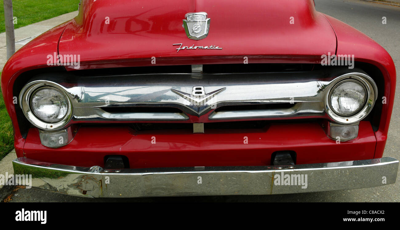 V8 red Ford truck Fordomatic grill chrome lights Stock Photo
