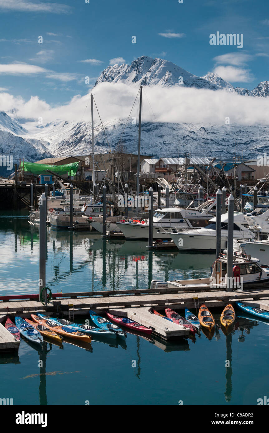 Kayaks docked in Valdez Harbor, Valdez, Alaska. Stock Photo