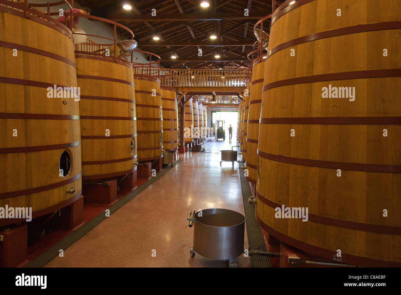 Oak fermentation barriques of red wine in  cellars of Bodega Roda in Haro La Rioja Spain 110621 Spain Stock Photo